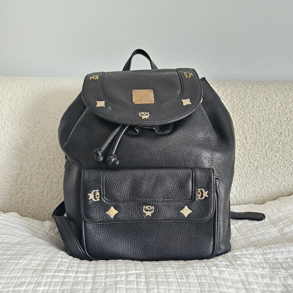 MCM Black Pebbled Calf Leather Logo Backpack